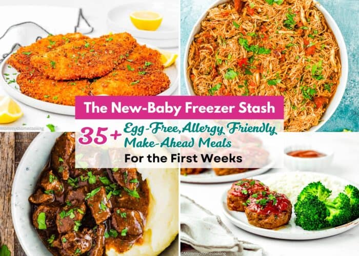 Collage of four dishes with a text overlay promoting The New-Baby Freezer Stash: Egg-Free, Make-Ahead Meals for the First Weeks, showcasing allergy-friendly freezer meals for new parents, featuring chicken, beef, and vegetables.